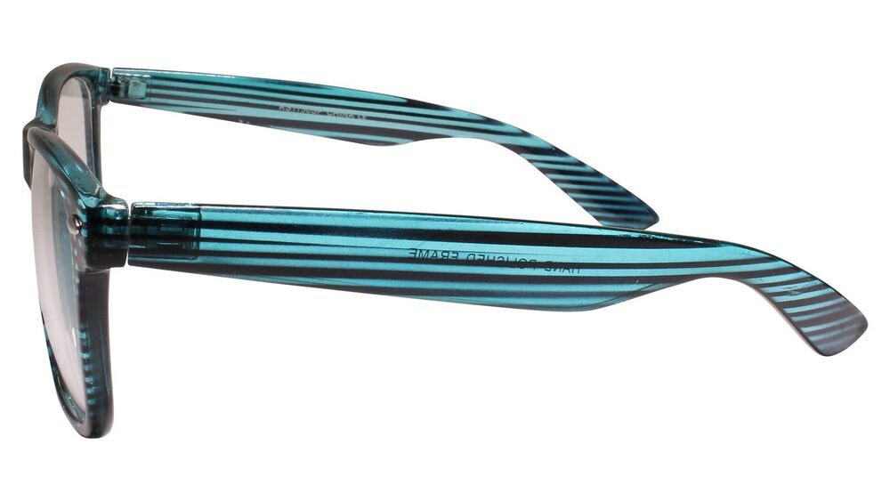 Classic Hipster Retro Stripe Pattern Blue Horn Rimmed Clear Lens Glasses - Picture 3 of 4